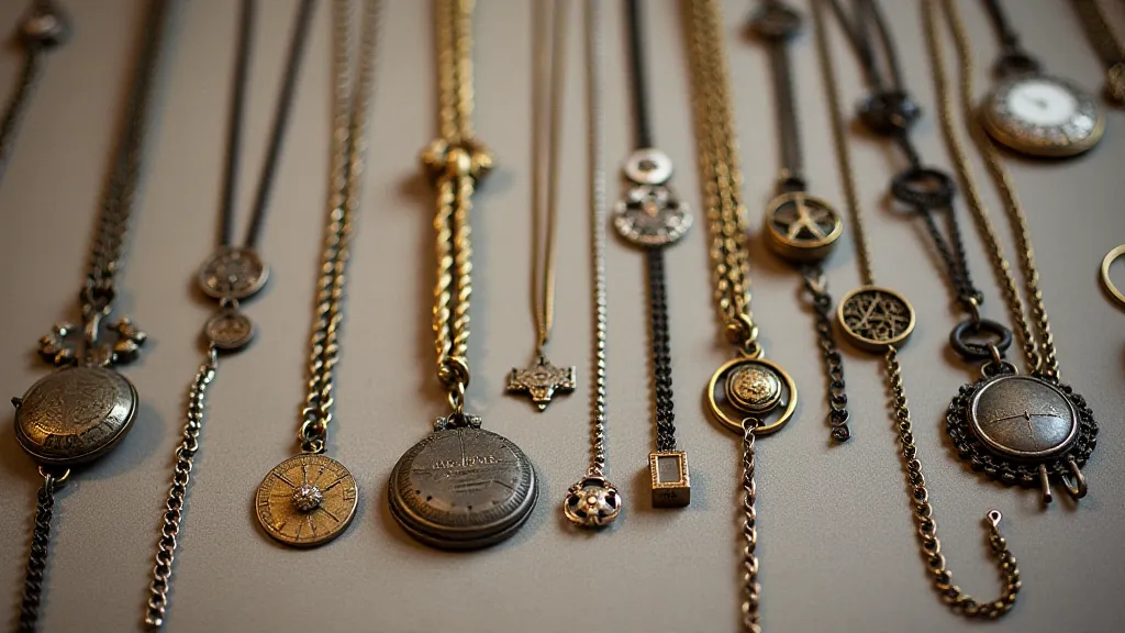 Display of antique pocket watch chains and fobs
