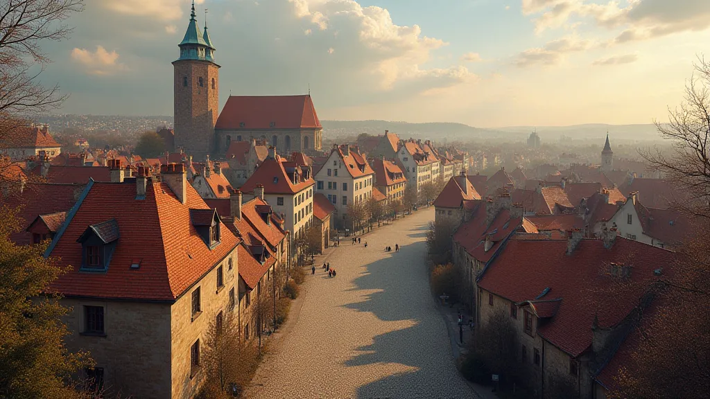 A panoramic view of 16th-century Nuremberg, showing its walled city and bustling marketplace.