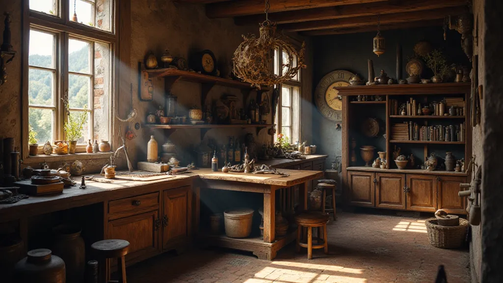 Interior of a 16th-century Nuremberg clockmaker's workshop, filled with tools and unfinished timepieces.