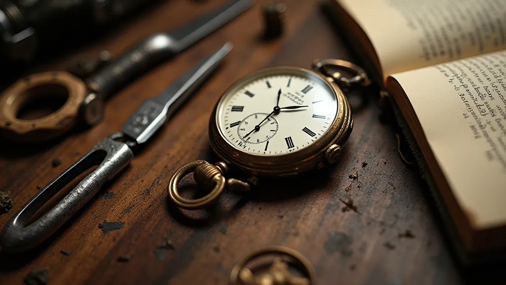 A pocket watch on a workbench with tools and a repair manual